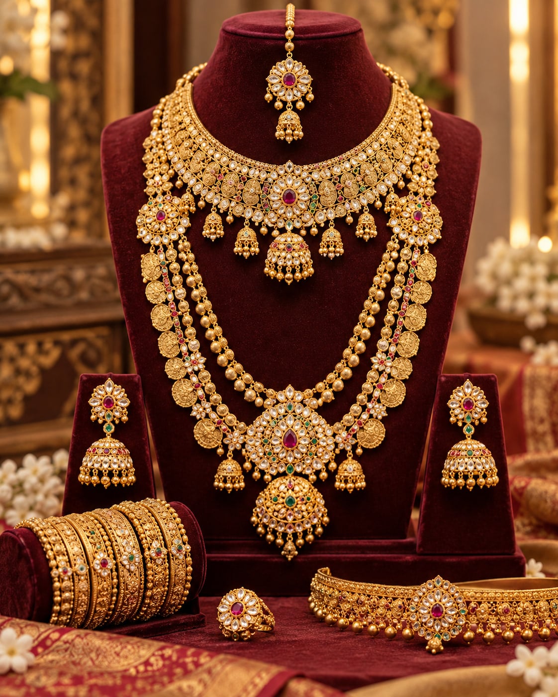 Bridal gold jewellery set with necklaces, maang tikka, earrings and bangles