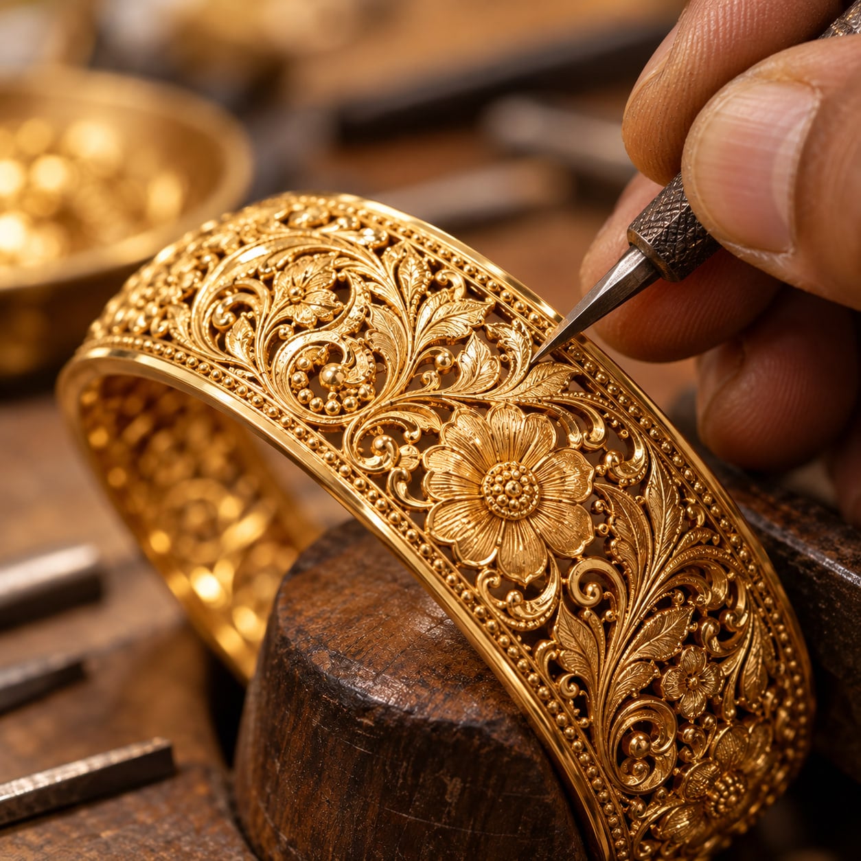 Craftsman engraving floral detail on a gold bangle
