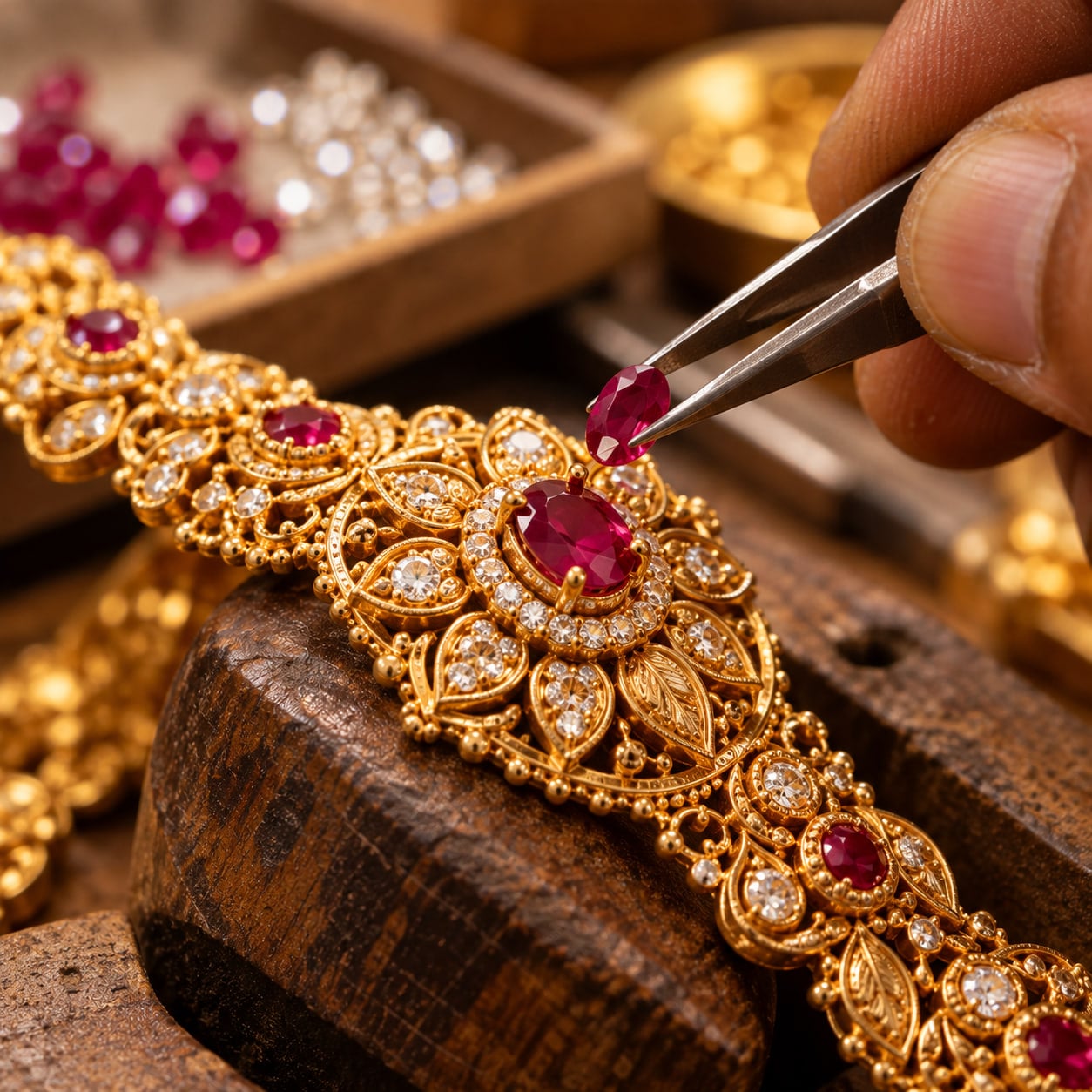 Ruby being set into a gold bracelet with tweezers