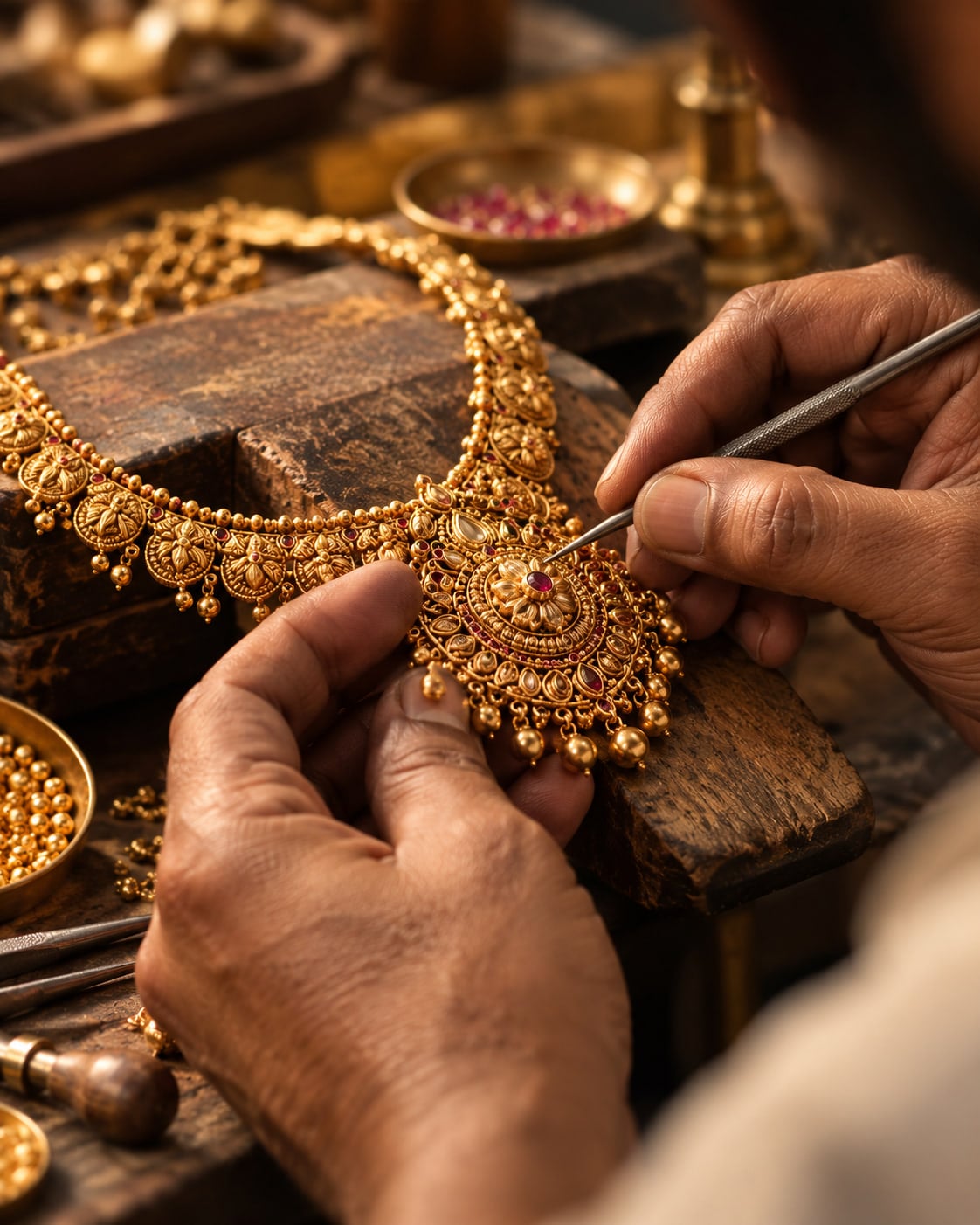 Craftsman hand-finishing a gold necklace
