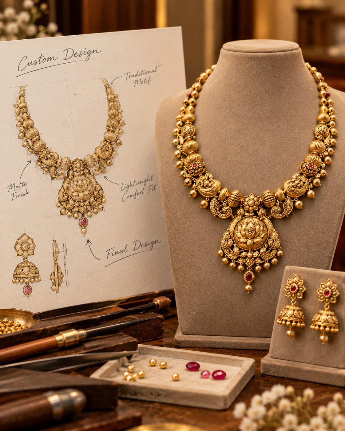 Custom gold necklace and earrings beside their design sketch