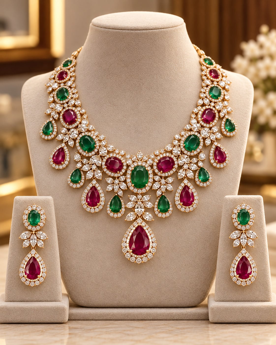Necklace and earrings set with rubies, emeralds and diamonds