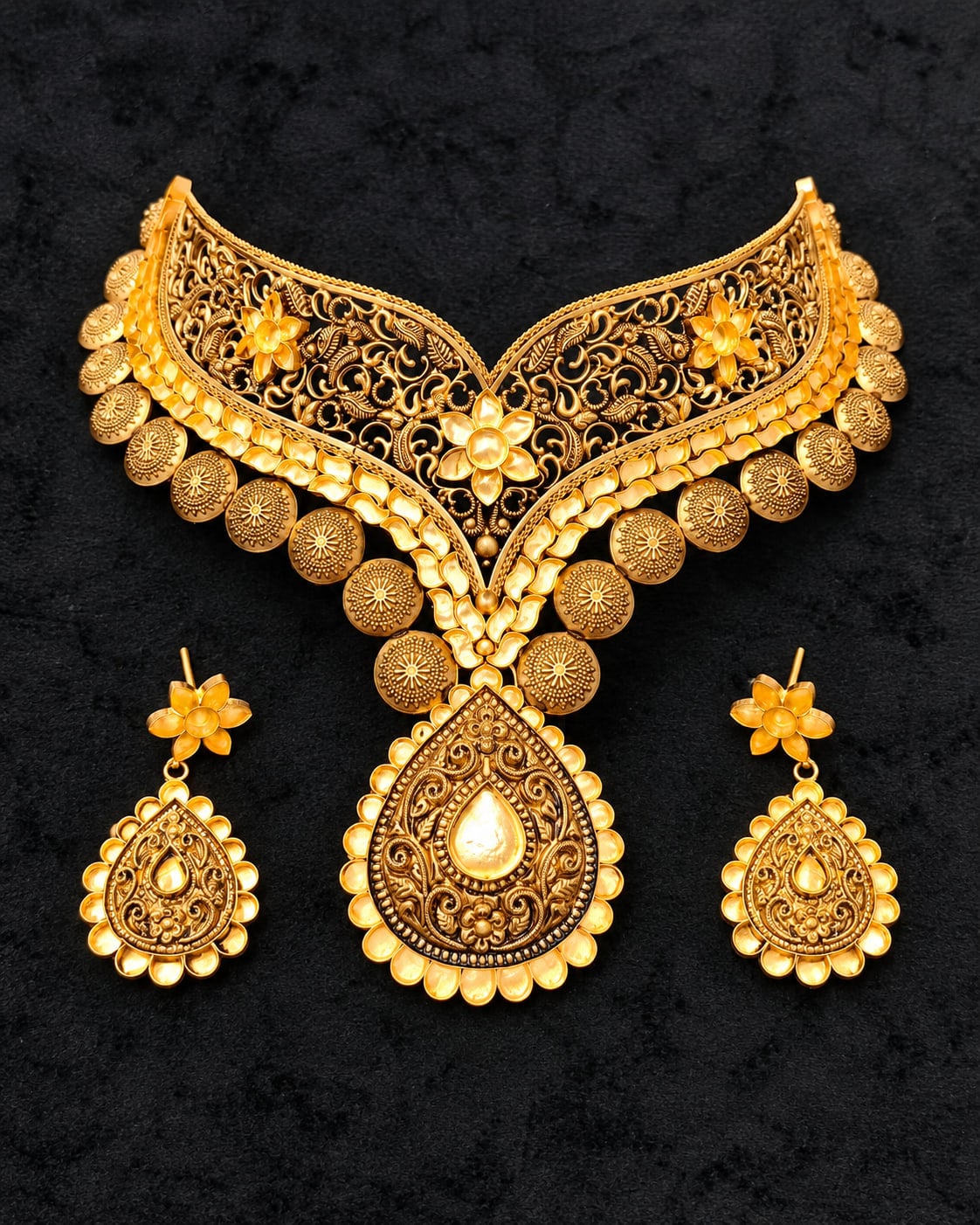 Gold filigree choker necklace with matching drop earrings