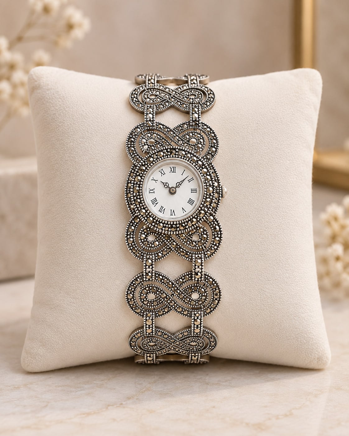 Silver filigree bracelet watch on a display cushion